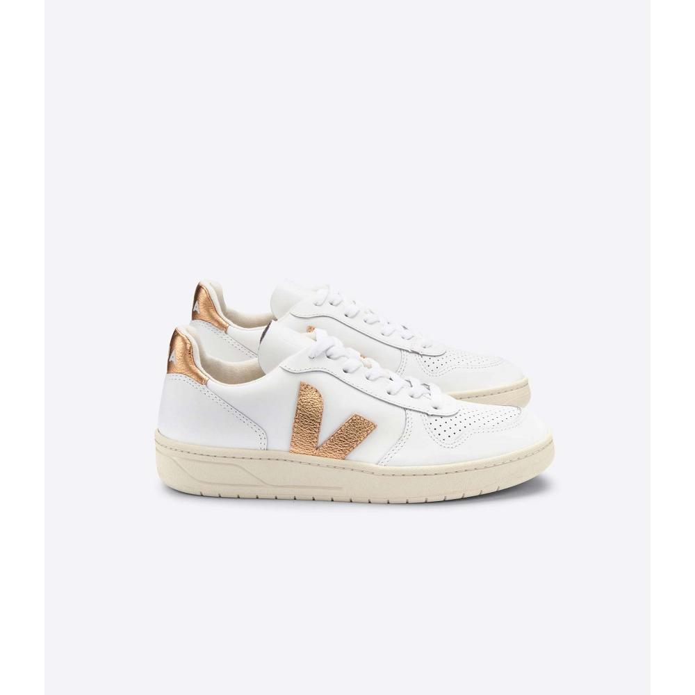 Veja V-10 LEATHER Joggesko Dame White/Gold | NO 641CTV